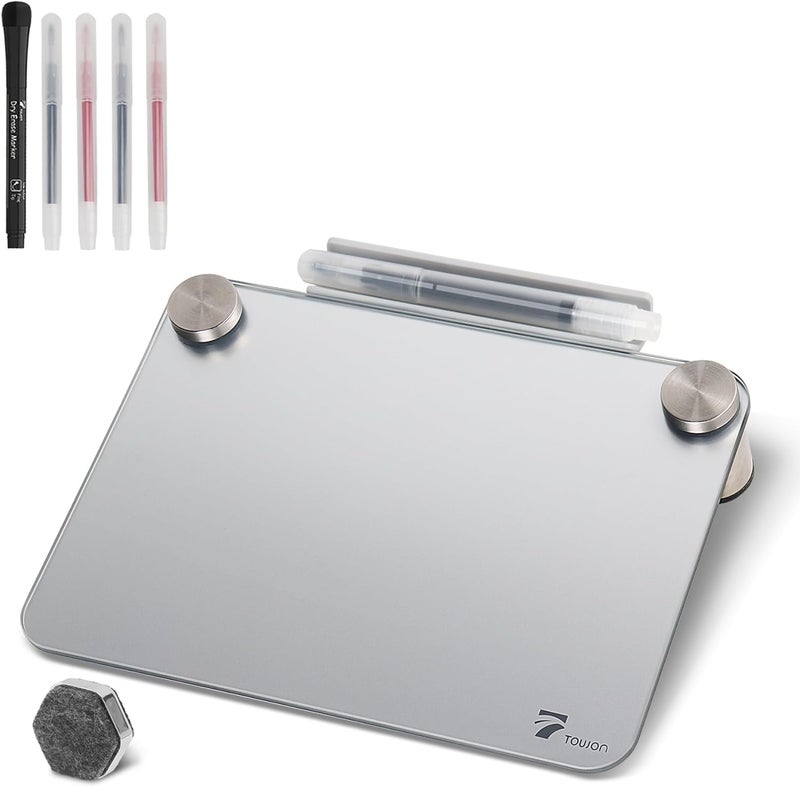 TOWON Silver Metallic Glossy Mirror Small Whiteboard with Nail Support, Mini Desktop Glass Whiteboard, Desk White Board Dry Erase with Accessories, Stenography Artifact for Office Homeschooling Décor, 8x6'' - Image 1